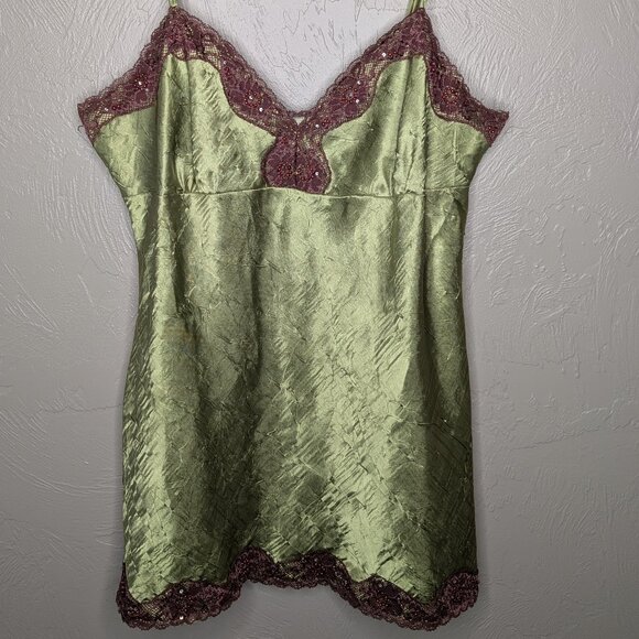 No Boundaries Juniors Large Green Brown Y2K 2000 Babydoll Lace Trim Beads Cami - Picture 1 of 6
